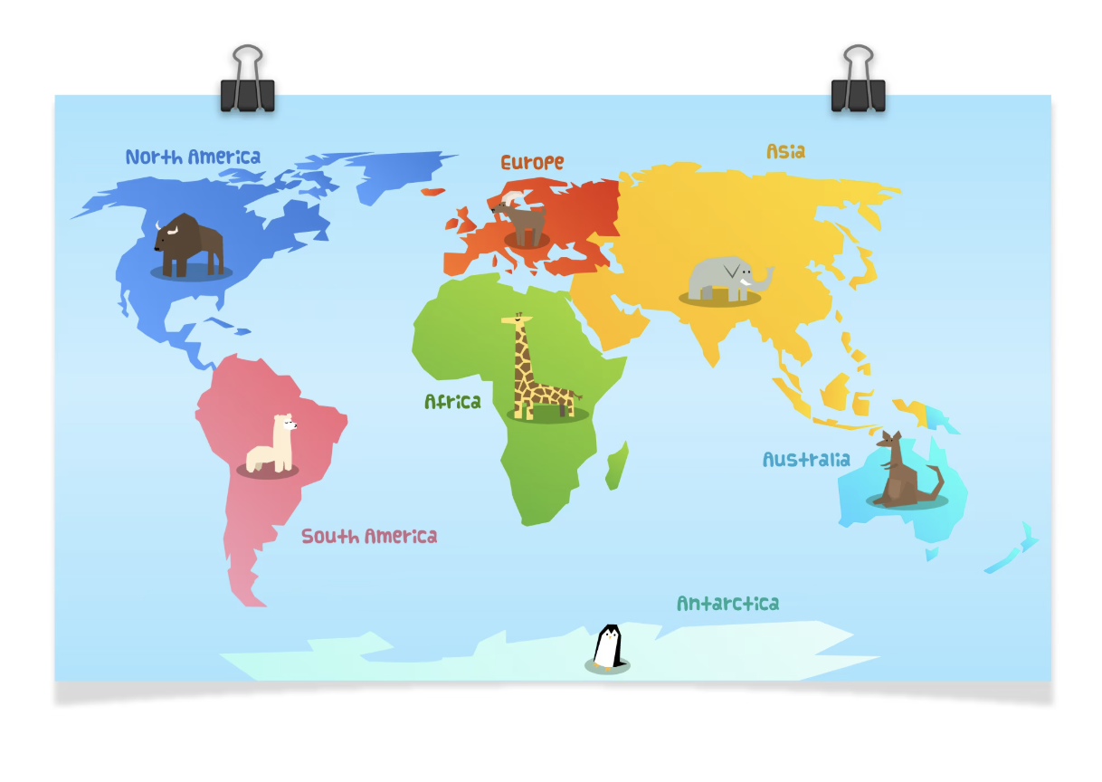 World map showing all seven continents - Africa, Antarctica, Asia, Europe, North America, Oceania, and South America